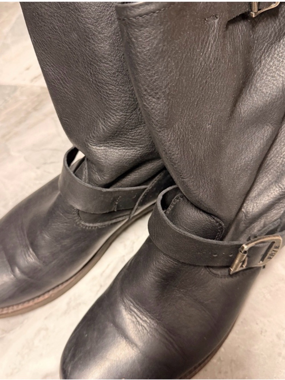 Frye Veronica Boots Black Leather Mid-Calf Buckle Boots - Picture 3 of 11